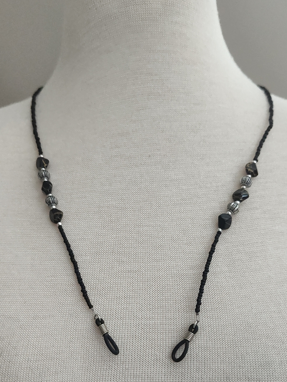 Black and Silver Beaded Eyewear Lanyard Necklace